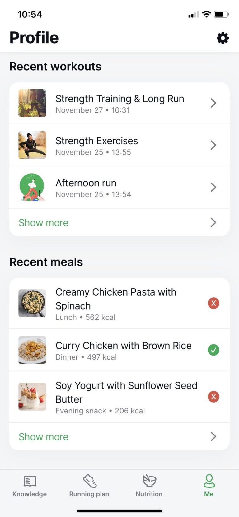 joggo review recent workouts and meals